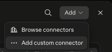 The Add menu in Claude's connectors screen, with Add custom connector highlighted