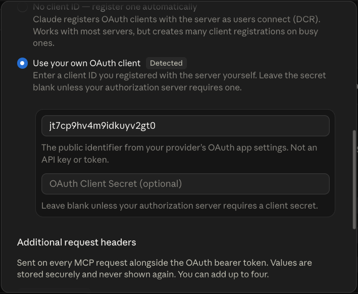 The OAuth client screen with the Client ID filled in and the secret field left blank
