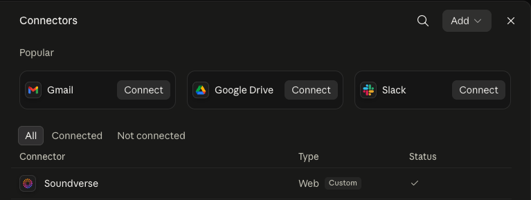 Claude's connectors list showing Soundverse as a connected Web/Custom connector