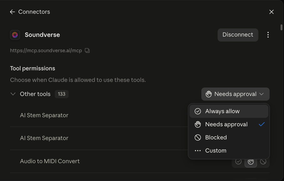 The Soundverse connector's tool permissions dropdown, showing Always allow, Needs approval, Blocked, and Custom
